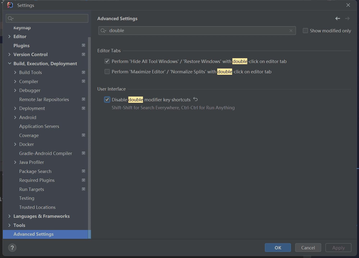 关闭双击shift弹出搜索框